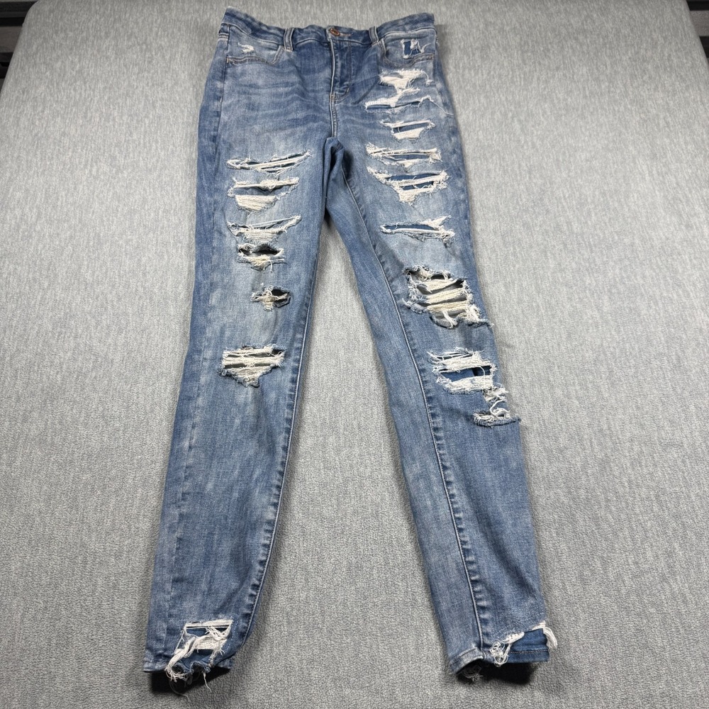 American Eagle Jeans Women 10 Long Blue Curvy Hi-Rise Jegging Distressed Stretch